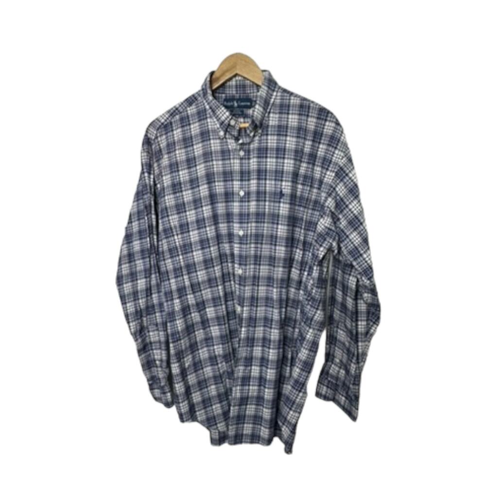 Ralph Lauren BLAKE Long Sleeve Plaid Button Down Navy Blue Shirt Men's Large